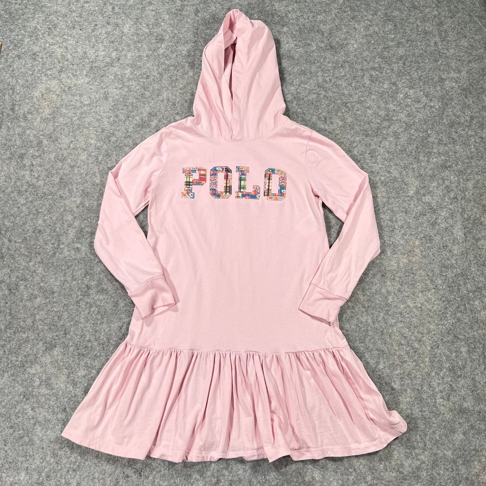 Polo Ralph Lauren Dress Girl M 8-10 Pink Tiered Ruffle Hem Hoodie Patchwork Logo